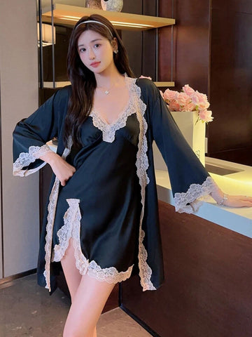 204-Black Women Satin Lace Nightdress with Robe | Luxury Nightwear Set