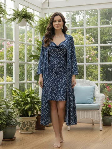 11008-Navy Blue Floral Satin Nightwear Set with Long Robe and Cowl Neck Slip Dress for Women