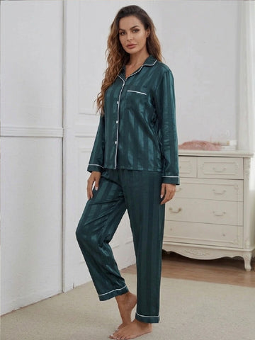 11013-Women Green Satin Finish Shirt & Pyjama Night Suit Set