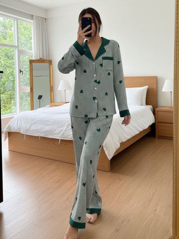 11016-Women Green & White Striped Heart Print Comfortable Shirt & Pyjama Nightwear Set