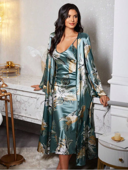 11001-Purple Floral Satin Nightdress with Robe