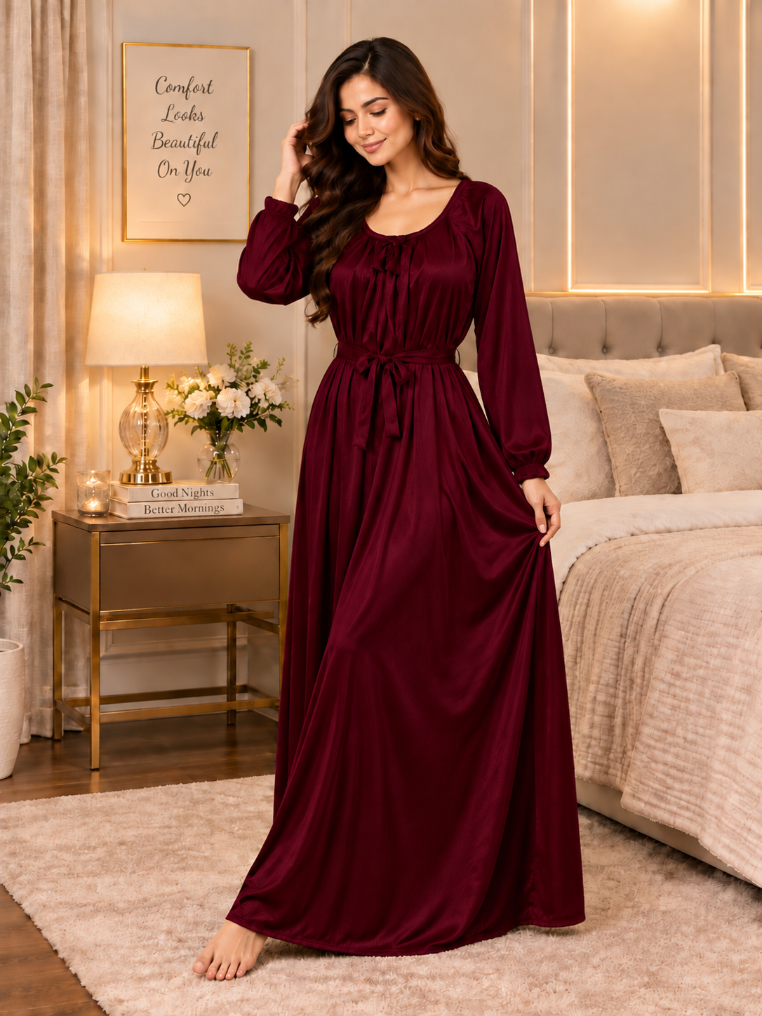11065-Women Solid Satin Full-Length Night Dress.