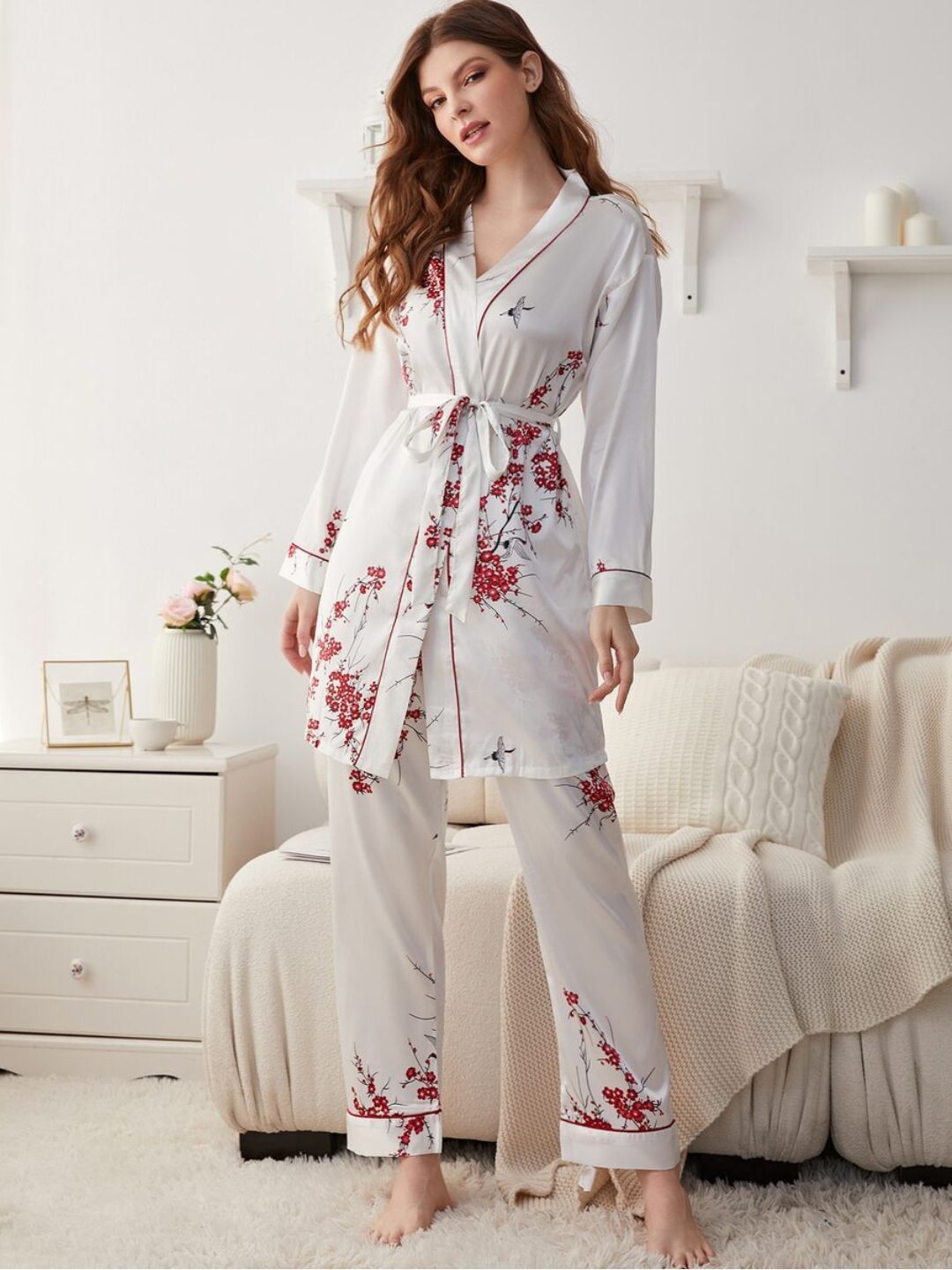 11009-Women’s Satin Floral Pajama Set with Matching Robe – Luxury Sleepwear Loungewear Set
