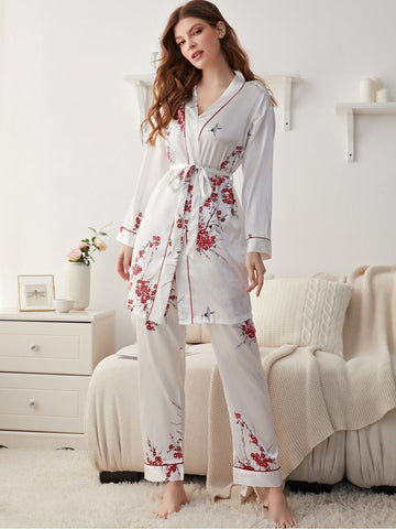 11009-RED Women’s Satin Floral Pajama Set with Matching Robe – Luxury Sleepwear Loungewear Set