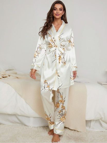 11009-Women’s Satin Floral Pajama Set with Matching Robe – Luxury Sleepwear Loungewear Set