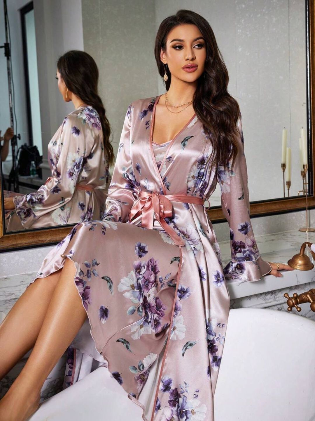 11001-Green Floral Satin Nightdress with Robe