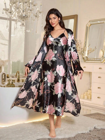 11017-BLACK-Women’s Floral Satin Nightdress with Matching Robe – Soft Luxury Nightwear Set