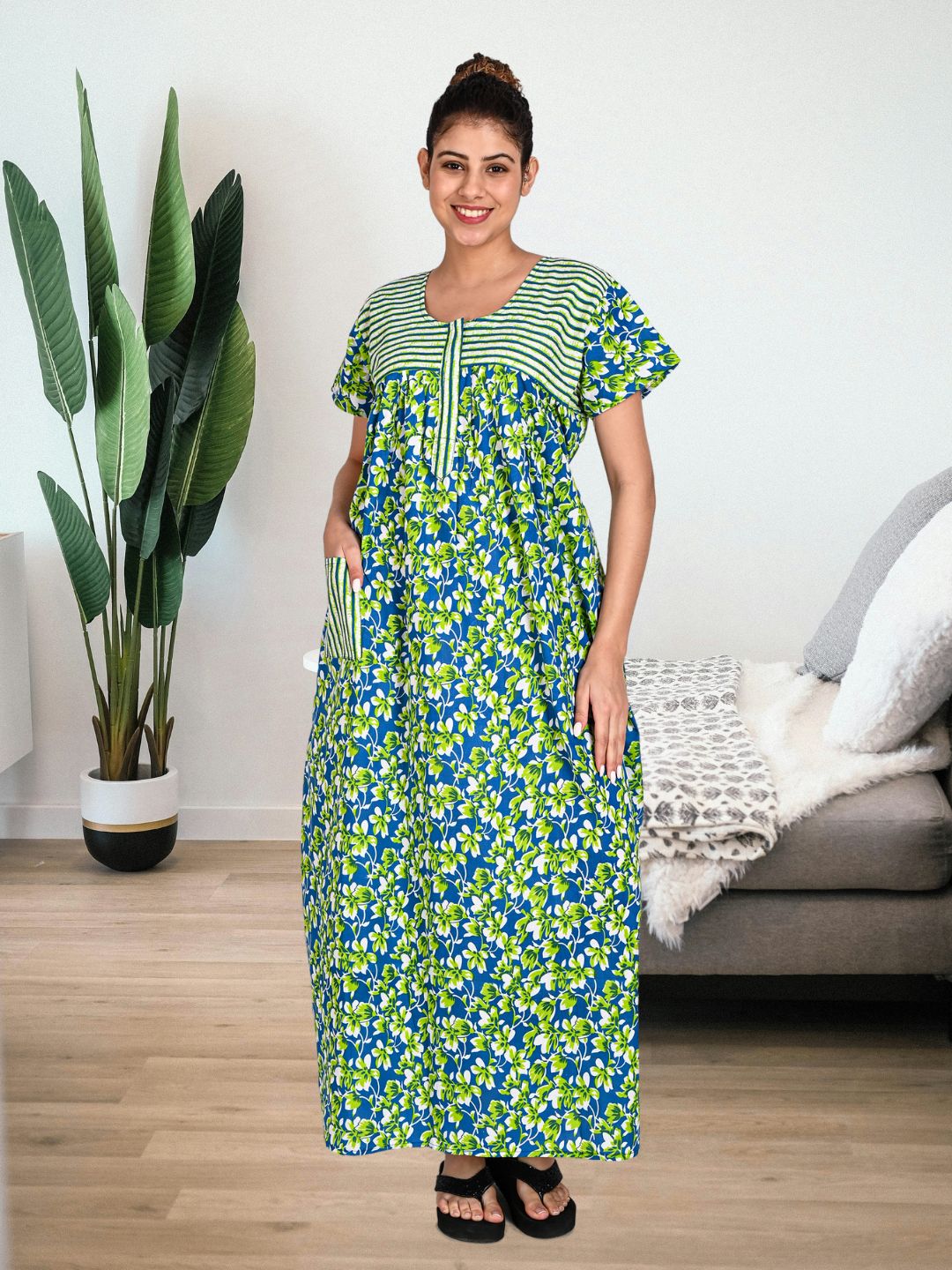 1600-Women's Pure Cotton Blended Printed Maxi Dress for Daily & Night Wear Floral Nighty
