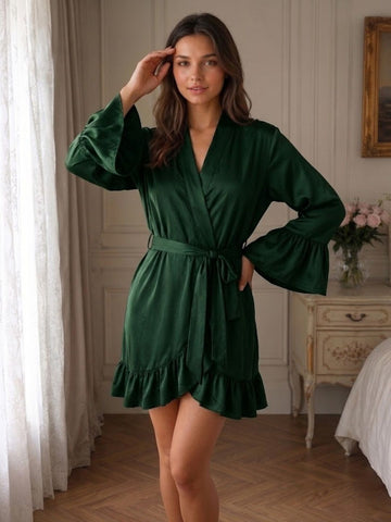11033-Women Satin Wrap Night Robe with Ruffle Detail