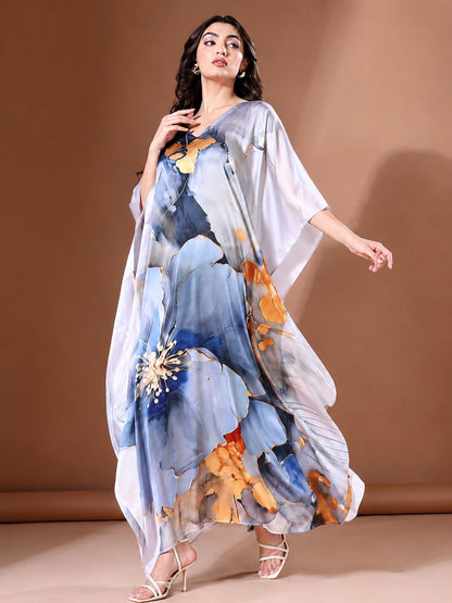 11057-Women Floral Printed Satin Kaftan Dress