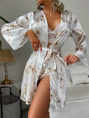 11032-Women Floral Satin Robe with Lace Bralette & Shorts Nightwear Set