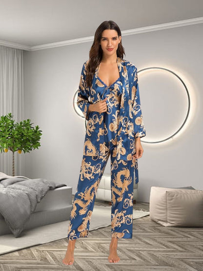 990- Women Blue Baroque Print Satin 3-Piece Night Suit Set