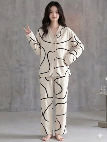 11034-Women Cream Abstract Printed Shirt Collar Night Suit Set
