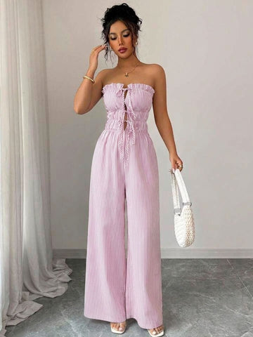 11038 - Women pink & White Striped Cotton Night Suit