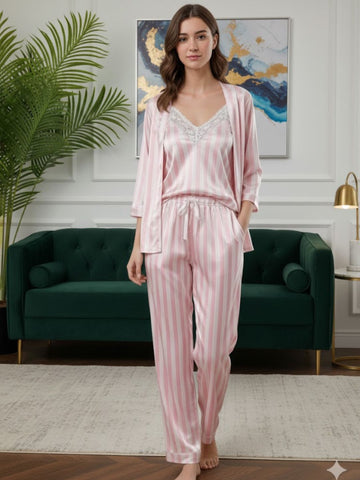 11011-PINK Women’s Satin 3 Piece Nightwear Set – Striped Camisole, Robe & Pyjama