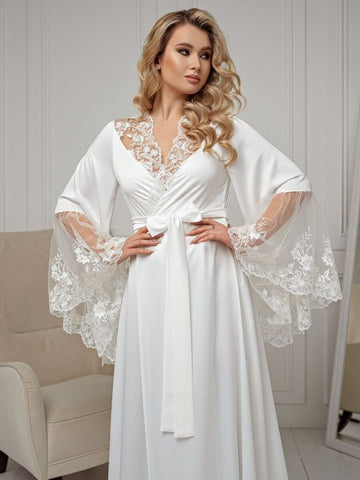 11028-White Elegant Lace Trim Bridal Robe with Flared Sleeves