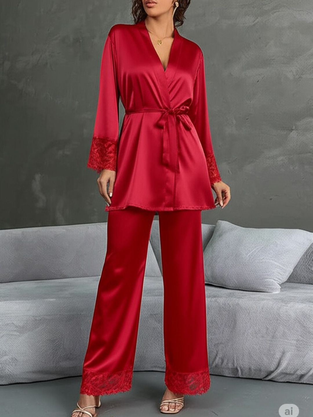 11002-Grey Satin Nightwear Set with Lace Trim | Luxury Sleepwear For Women