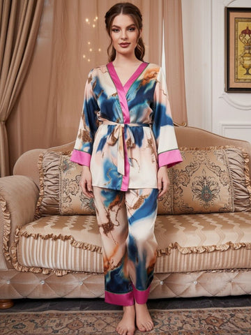 11010-PINK Premium Women’s Satin Night Suit – Designer Printed Robe & Pyjama Set