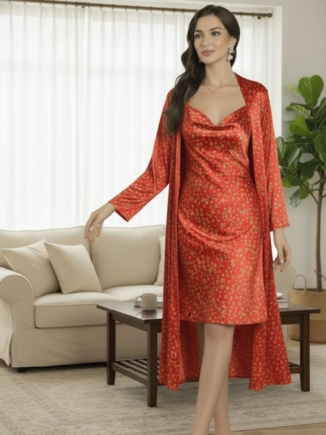 11008-RED Floral Satin Nightwear Set with Long Robe and Cowl Neck Slip Dress for Women