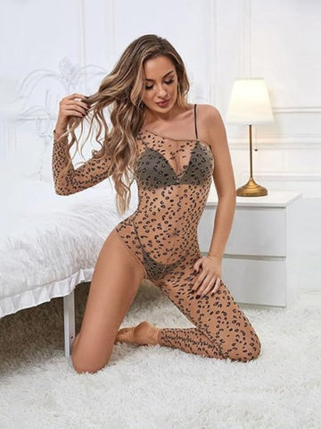 8010 - Women Brown Leopard Print Sheer One-Shoulder Bodystocking