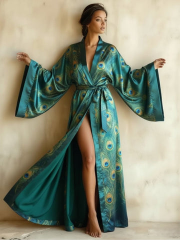 11027 - Women Teal Blue Peacock Feather Print Longline Kimono