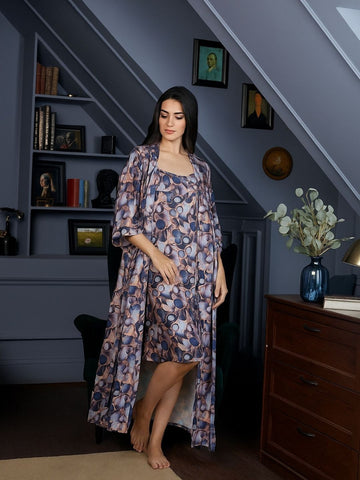 980 - Women Printed Nightdress with Coordinated Long Loungewear Robe