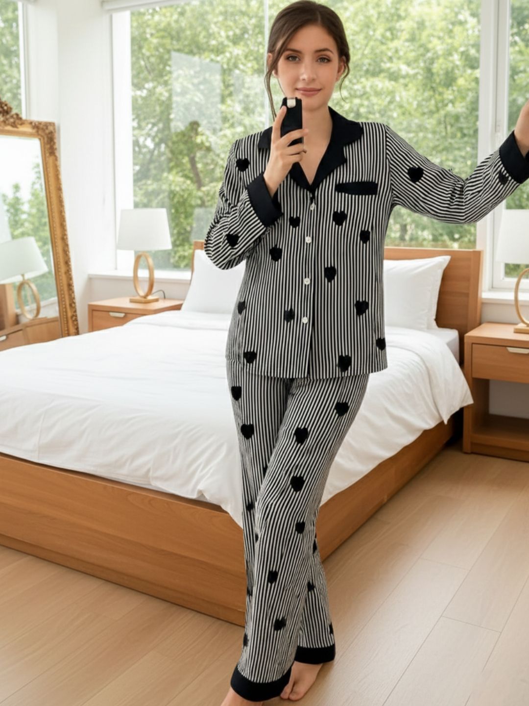 11016-Women Black & White Striped Heart Print Comfortable Shirt & Pyjama Nightwear Set