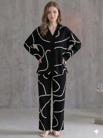 11034-Women Abstract Printed Shirt Collar Night Suit Set
