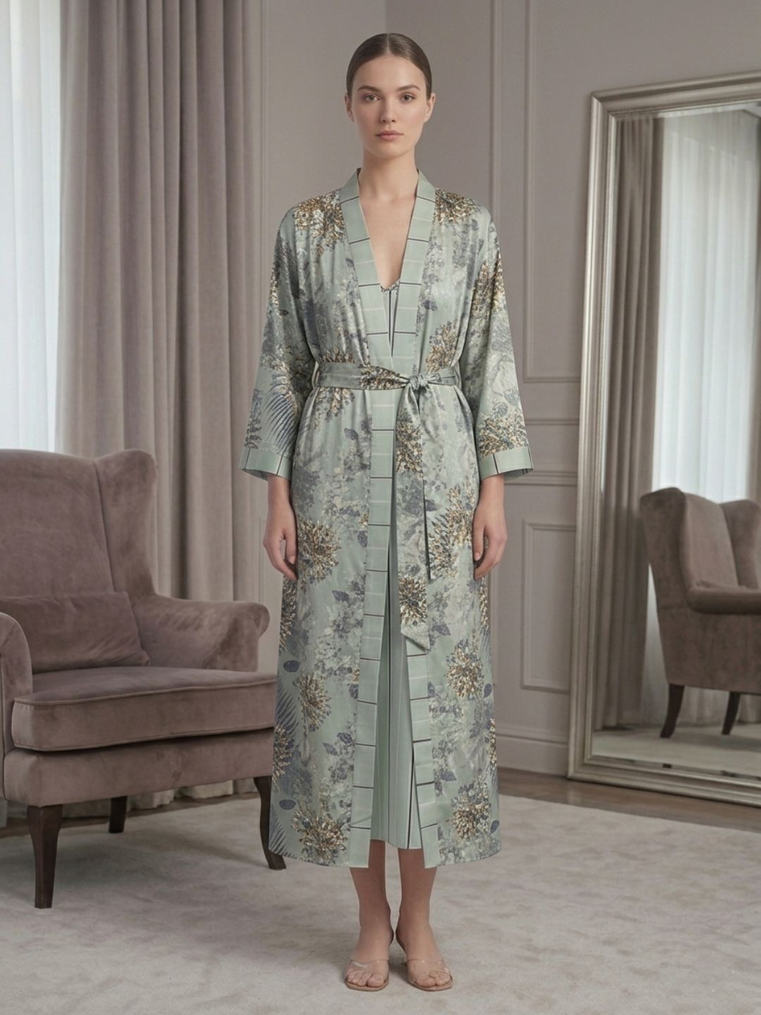 11023 - Women Grey Stripes Satin Nightdress with Floral Printed Long Robe