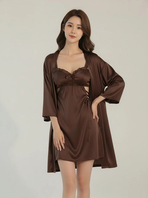 11036 - Women Satin Nightdress with Lace-Up Detail & Robe Set