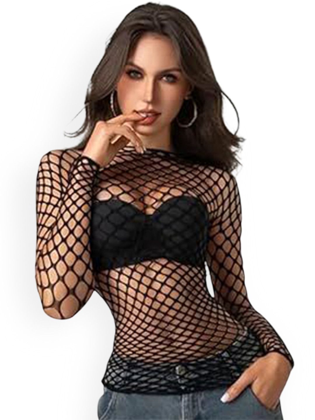 8004 - Women Black Self-Design Fishnet Long Sleeve Sheer Net Top