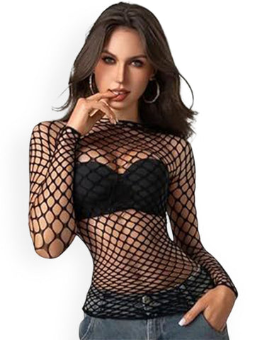 8004 - Women Black Self-Design Fishnet Long Sleeve Sheer Net Top