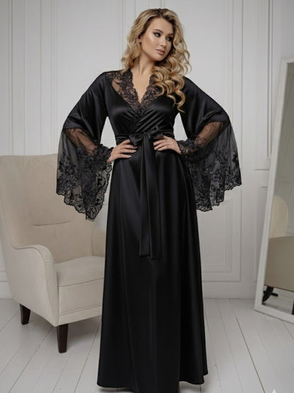11028-Black Elegant Lace Trim Bridal Robe with Flared Sleeves