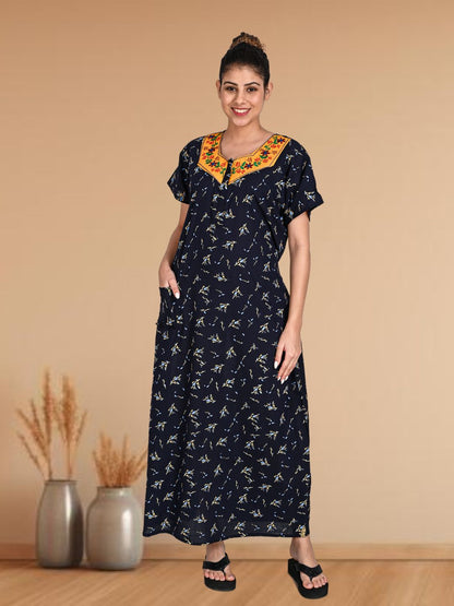 1903-Women's Pure Cotton Blended Printed Maxi Dress for Daily & Night Wear Floral Nighty