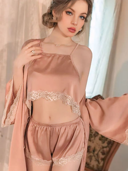 301 DN   3-Piece Satin Nightwear Set with Lace Trim – Robe, Cami & Shorts