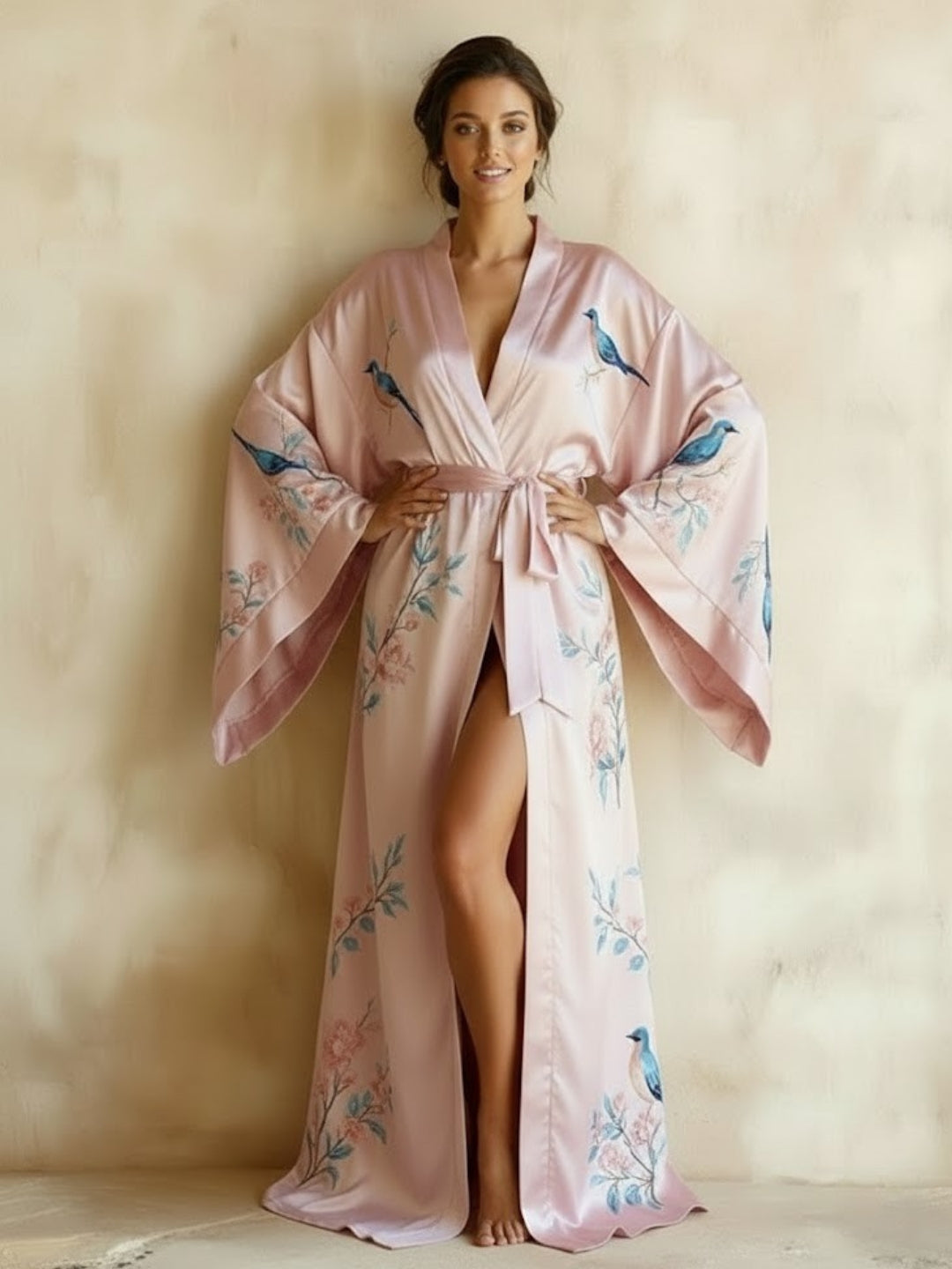 11027 - Women Blush Pink Floral & Bird Print Satin Kimono Style Night Robe