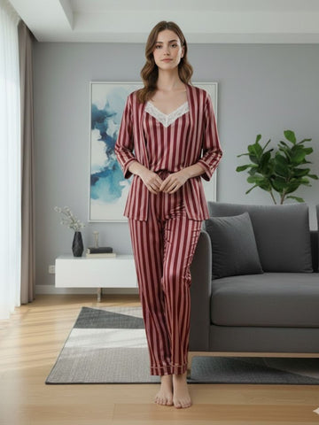 11011-MAROON Women’s Satin 3 Piece Nightwear Set – Striped Camisole, Robe & Pyjama