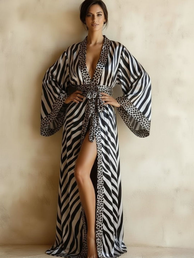 11027 - Women Black & White Satin Wrap Robe with Zebra Stripe & Leopard Print Accents