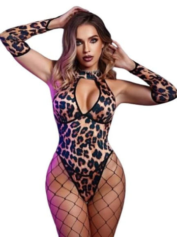 130-Leopard Print Cut-Out Bodysuit with Matching Gloves – Fierce & Flirty