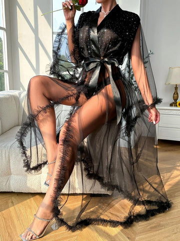 11034- Women Black Transparent Sheer Mesh Longline Robe with Tie-Up Belt