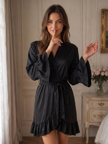 11033-Women Satin Wrap Night Robe with Ruffle Detail