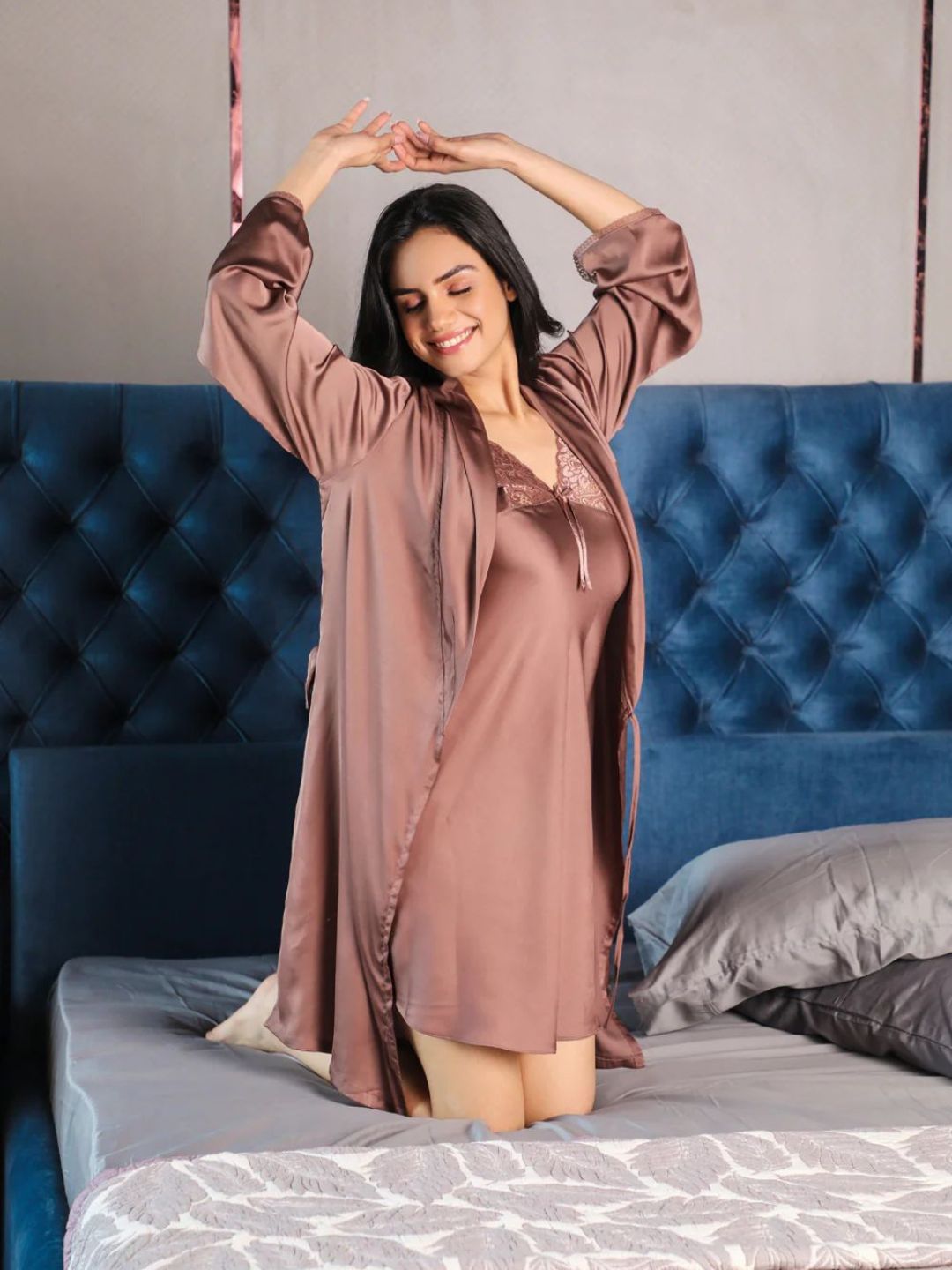 202-Women's Satin Nightwear Set with Lace Detail – Robe & Slip Dress Combo