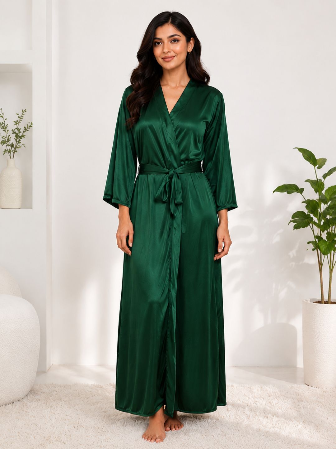 11006- Bottle Green Glamorous Satin Nightwear Robe – Soft & Silky Feel