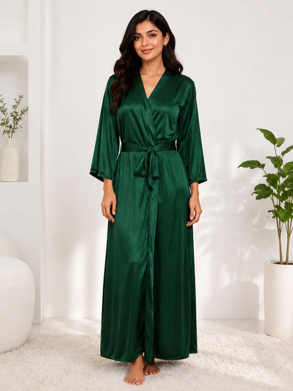 11006- Bottle Green Glamorous Satin Nightwear Robe – Soft & Silky Feel