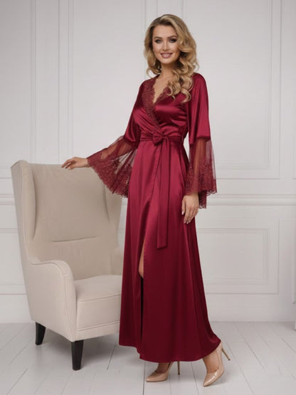 11028-Black Elegant Lace Trim Bridal Robe with Flared Sleeves