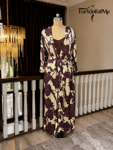 11020- Women Brown Satin Slip Dress with Floral Print Long Robe Nightwear Set