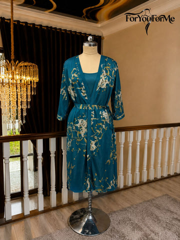 11003-Black Floral Satin Nightwear Robe Set for Women