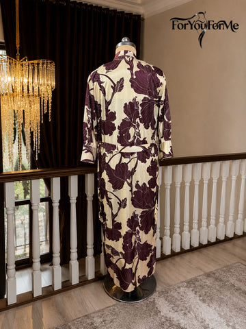 11020- Women Brown Satin Slip Dress with Floral Print Long Robe Nightwear Set