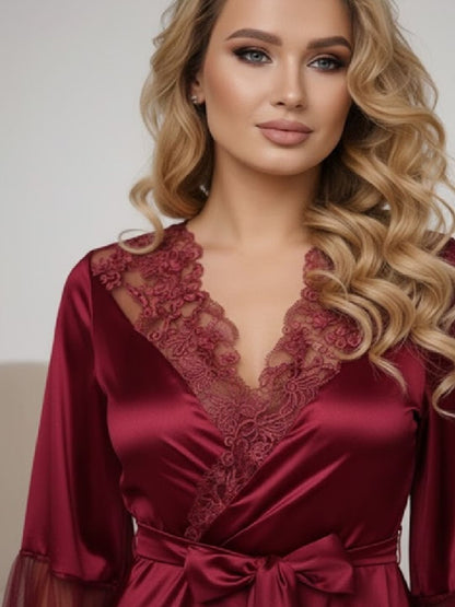 11028-Elegant Lace Trim Bridal Robe with Flared Sleeves