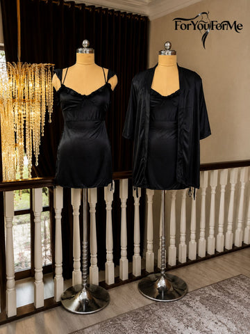 11036 - Women Satin Nightdress with Lace-Up Detail & Robe Set